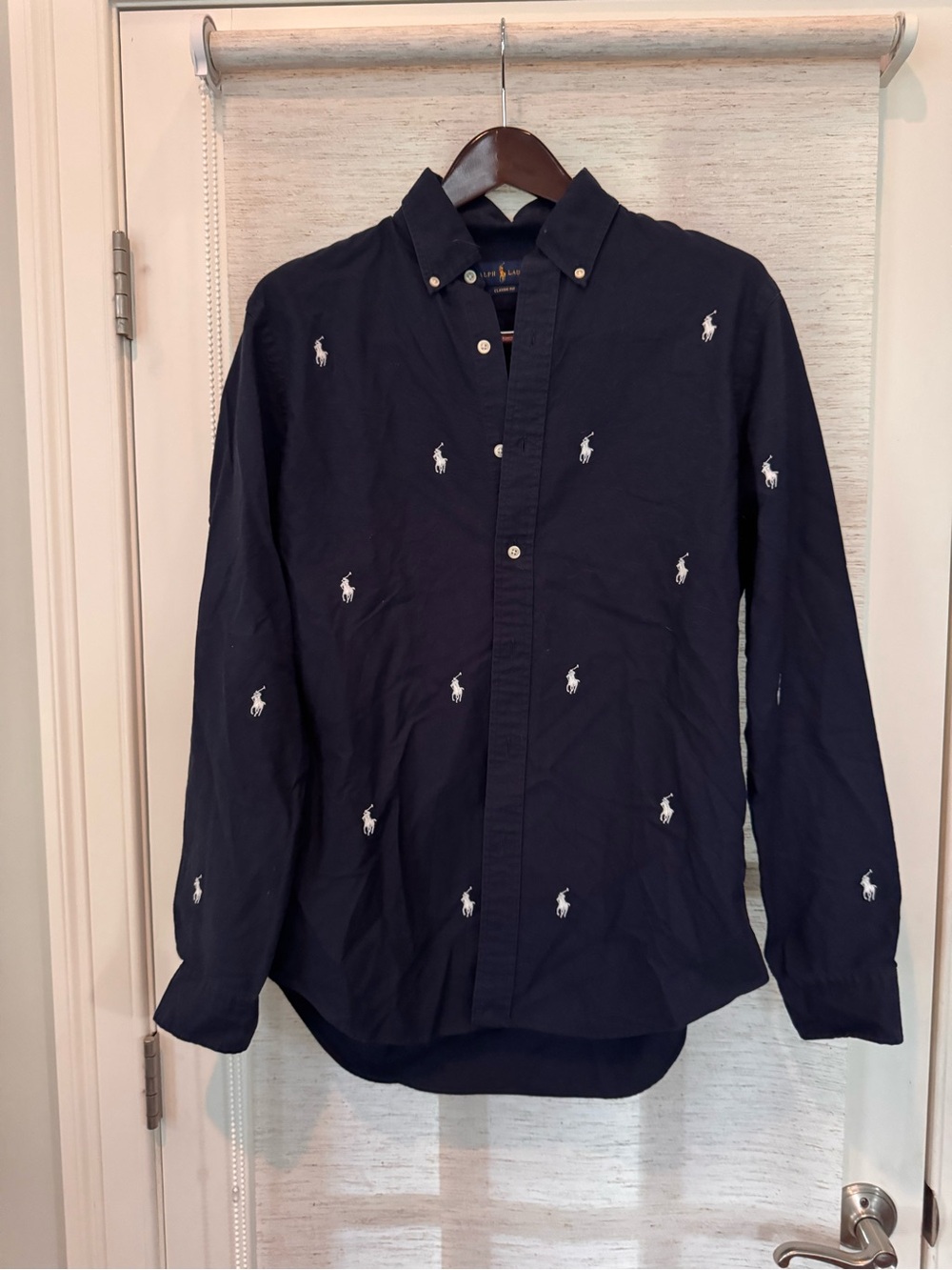 Ralph Lauren Classic Fit Navy Blue All-Over Pony Embroidered Button Down Shirt